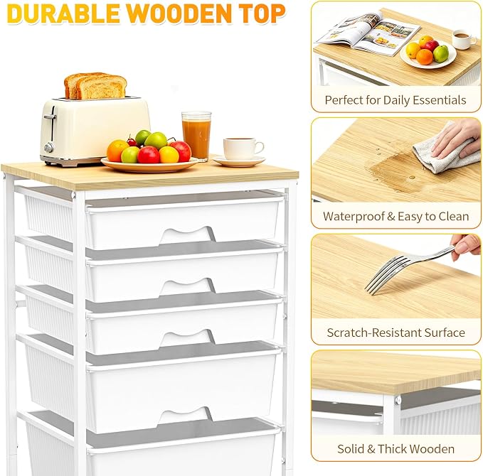 SUNALLY Rolling Carts with 5 Drawers, Storage Drawer Carts for Craft, White | Rolling Utility Cart with Wooden Tabletop & 2 Lockable Wheels, Teacher Storage Cart for Classroom School, Makeup, Nail, Art