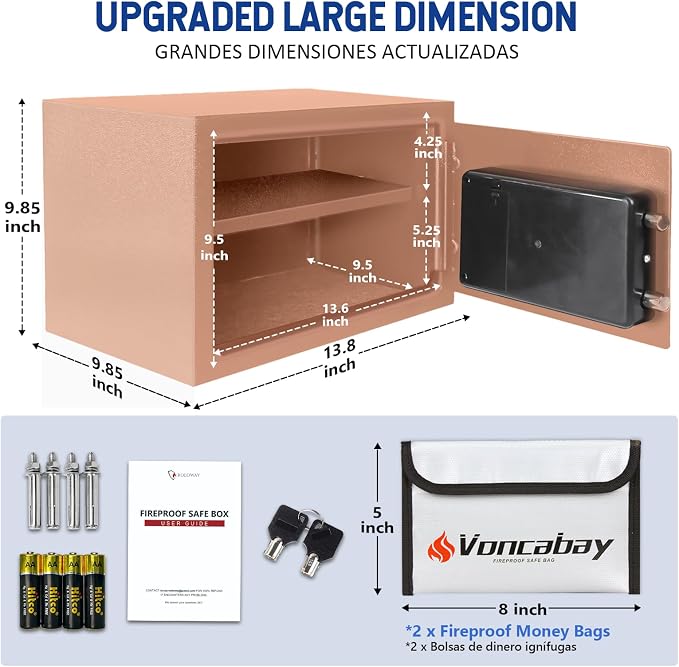 Voncabay Money Safe Box for Home with Digital Keypad, 0.8 Cu. Ft., Khaki | Alloy Steel, 2 Fireproof Bags, Digital Keypad with Display, Removable Shelf, Fits A4, 13.8 x 9.85 x 9.85 In.