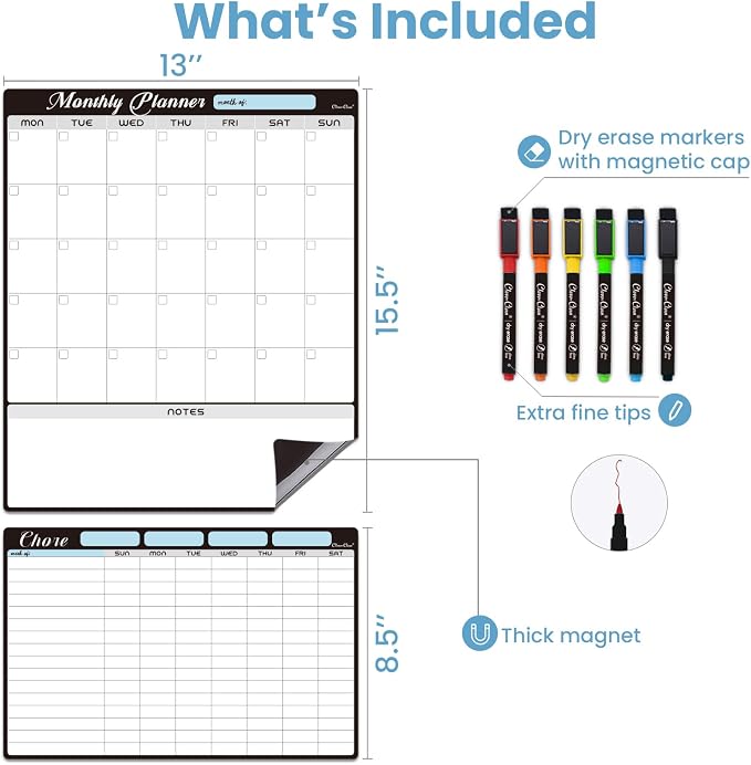 Magnetic Dry Erase Monthly Calendar Set - 15.5"x13" Monthly Calendar and 8.5"x13" Chore Board for Fridge - 6 Extra Fine Point Markers Included - Shipped Flat