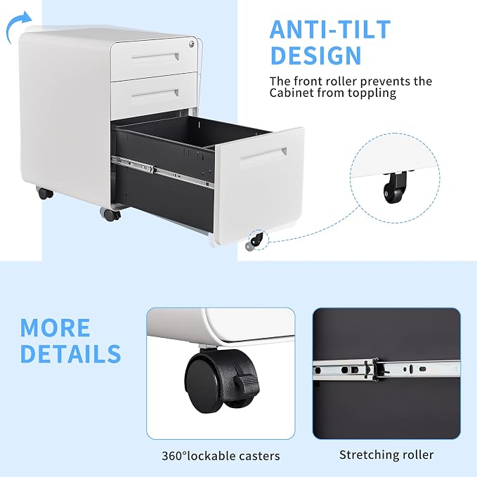 File Cabinet, 3 Drawer Filing Cabinets for Home Office with Lock Mobile Under Desk Fully Assembled Cabinet (White)