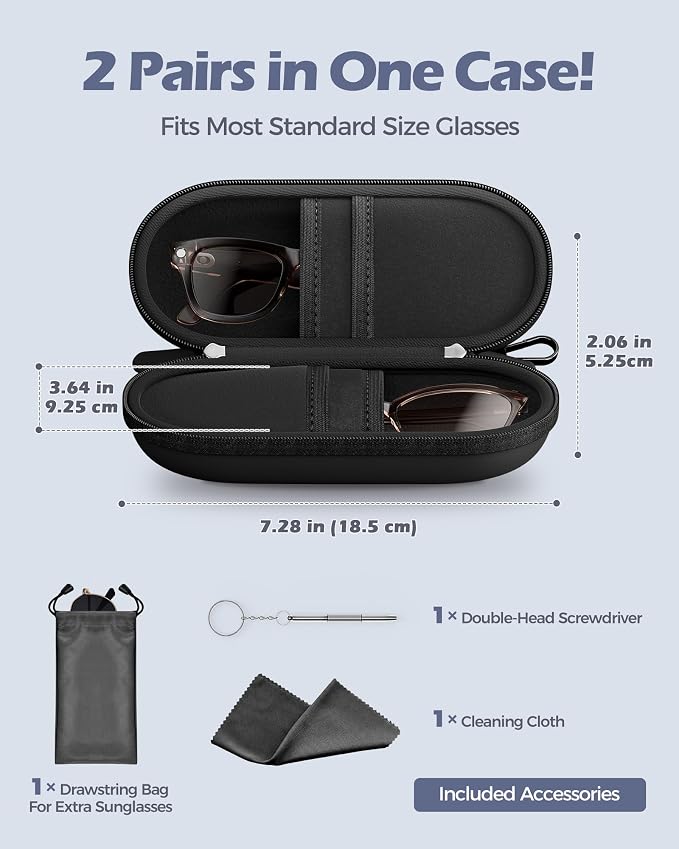ProCase Hard Double Sunglasses Glasses Case for Men Women -Black | Hard EVA Shell Shockproof Dual Eyeglass Case with Metal Hook Velvet Lining, Travel Zipper Organizer for Couple Gifts