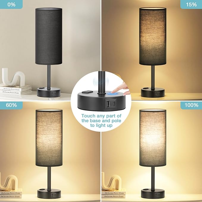 Black Bedside Lamp for Bedroom, Dimmable Touch, USB A+C, AC Outlet | 3-Way Dimmable, LED Bulb Included, USB C+A Charging Ports, Black Fabric Lampshade, Metal Base, 14in Small Table Lamp