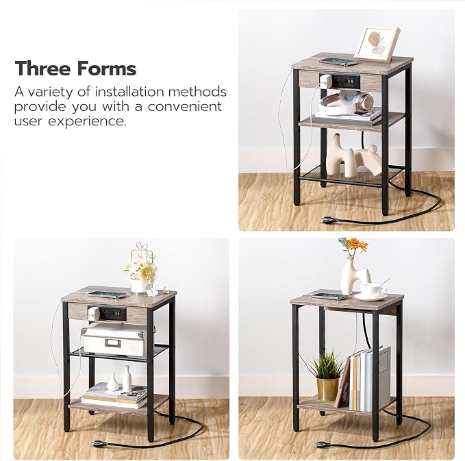 HOOBRO Side Table with Charging Station and USB Port, Small End Table for Small Space, 3-Tier Nightstand with Adjustable Shelf, for Living Room, Bedroom, Greige and Black BG112BZ01
