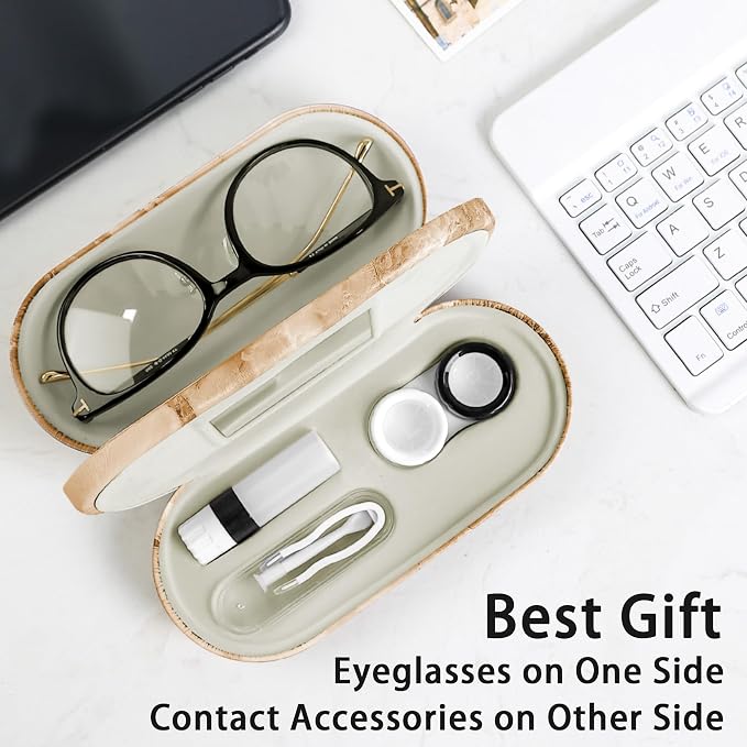 Muf 2 in 1 Contact Lens Case and Glasses Case, Double Sided Design with Mirror, Portable Travel Kit with Tweezer, Remover and Solution Bottle, Red Marble