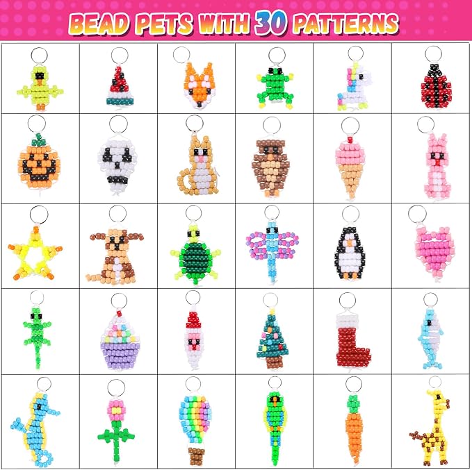 Funtopia Beads for Crafts, Pony Beads Keychain Making Kit, Bead Pets Art Crafts for Kids Beginners, Birthday Party DIY Craft for Girls Boys (1500 Bead, 30 Designs)