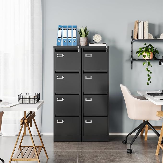 MIIIKO 4 Drawer File Cabinet with Lock, Metal File Cabinets for Home Office,Vertical Filing Cabinets Office Storage Cabinet for Letter,Legal,A4,File Folders(Black)