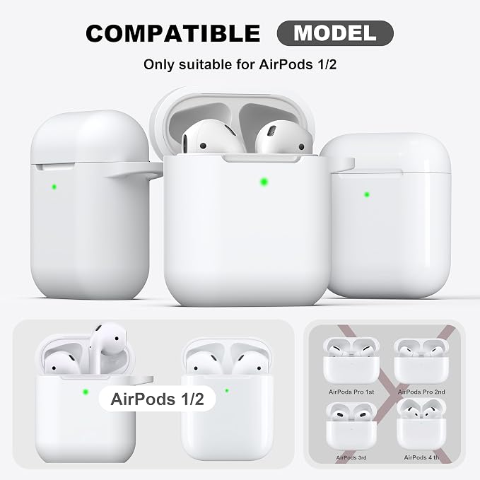 R-fun for AirPods 1/2 Case, Soft Silicone Protective Cover with Keychain and Cleaning Pen, Compatible with AirPods 2nd/1st Generation (2016/2019), Full Drop Protection Cover, White