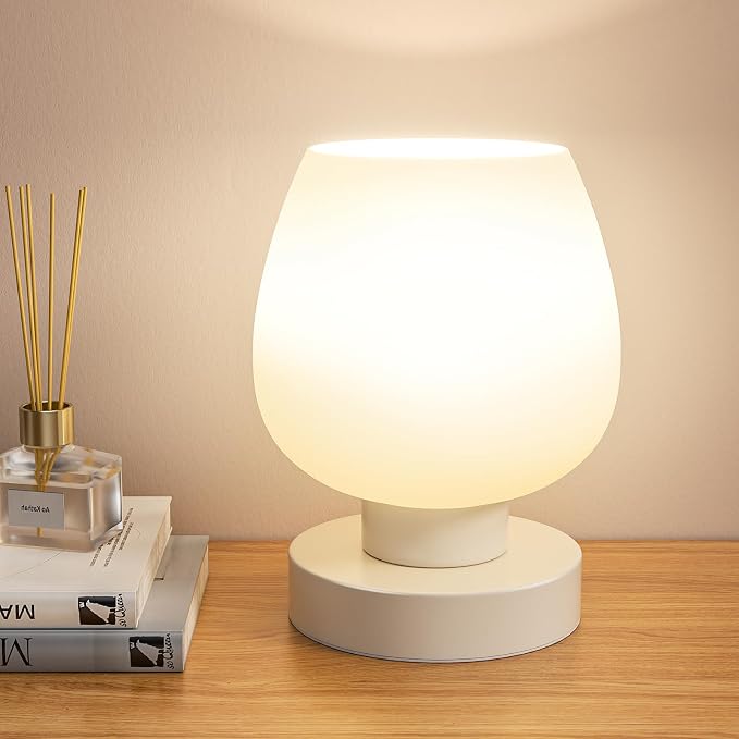 Seealle Small Touch Table Lamp for Nightstand, 3 Way Dimmable Bedside Lamp | White Glass Shade, Bedroom, Living Room, Night Stands, Small Spaces, LED Bulb Included, Gift Choice