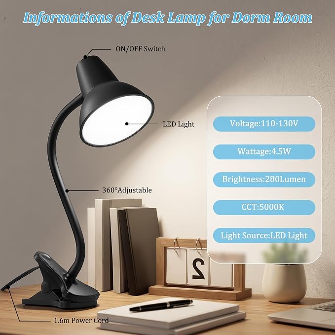 Clip On LED Desk Lamp, Flexible Arm, Eye-Caring Study Lamps for School Dorm | 4.5W Energy-Saving, Anti-tip Bedside Reading Light, Desk Lamps for College Dorm Room, Home Office, Modern Lamp with 1.6m Cord