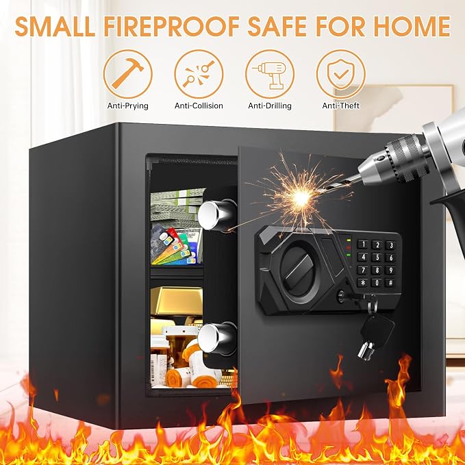 1.2 Cub Small Fireproof Safes for Home, Digital Home Safe Fireproof Waterproof with Programmable Keypad, Spare Keys and Removable Shelf, Fire Safe Box for Document Money Valuables