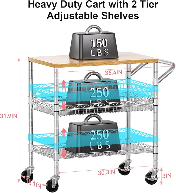 3 Tier Rolling Kitchen Carts with Wheels, Heavy Duty Rolling Utility Cart with Wood Tabletop, Commercial Grade Metal Cart with Handle and Hooks, NSF Storage Serving Island Carts, Light Wood+Metal