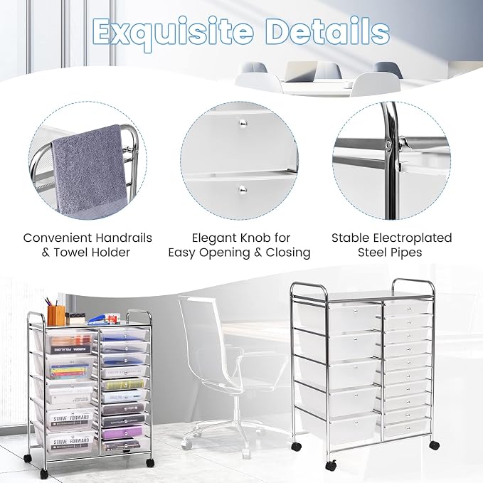 COSTWAY 15 Drawer Rolling Storage Cart, Mobile Storage Organizer | Removable Drawers & Metal Frame, Multipurpose Utility Tools Paper Organizer on Wheels for Home, Office (Transparent)