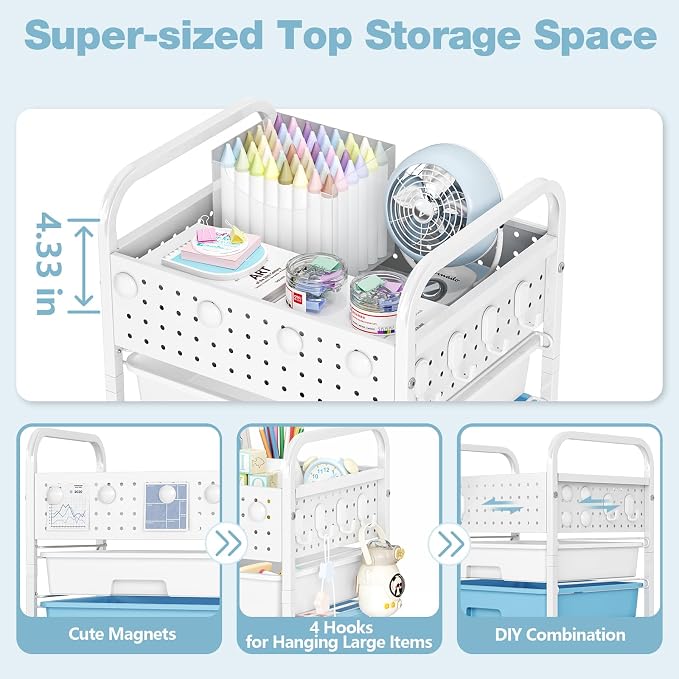 5 Drawer Rolling Storage Cart with Pegboard Top and Hooks, Ice Cream | Mobile Organizer Cart with Wheels for Office Supplies, Craft Storage, Classroom Organization, Home Utility Cart