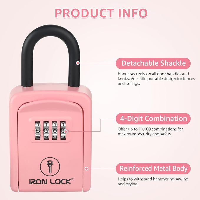 Iron Lock® Small Portable Key Lock Box with Code, U-Shackle (Small, Pink) | U-shackle opens fully out to loop over a handle, gate, latch or rail; rolling combination dials, no app, no battery