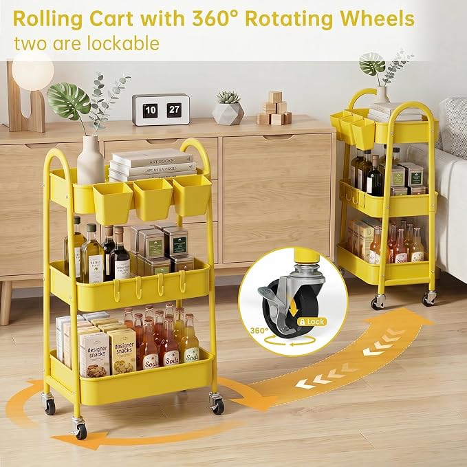 3-Tier Rolling Cart, Utility Cart Mobile Metal Rolling Storage Cart with Lockable Wheels & Hanging Cups & Hooks for Kitchen, Bathroom, Office, Workshop, Yellow