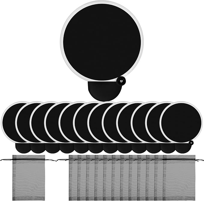Roowest 12 Pcs 7.87“ Round Sublimation Blank Foldable Fan with Bag Polyester Colored Portable Handheld Compact Fold up Flying Disc Fans for Summer Wedding Graduation Party Favor (Black)