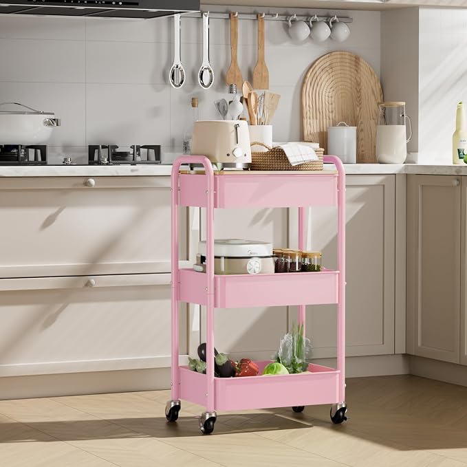 3-Tier Rolling Cart with Table Top, Metal Utility Cart on Wheels | Sturdy Storage Organizer Cart with Lockable Wheels&Hooks for Craft, Office, Classroom, Kitchen and Bathroom, Pink