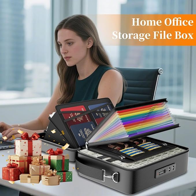 ENGPOW Fireproof Document Box with Lock & 13 Pockets Accordion File Folder | Hard Case File Organizer Home Safe Box with Multi Pockets,Protects Important Documents,Certificates,Laptop,Passports,Black