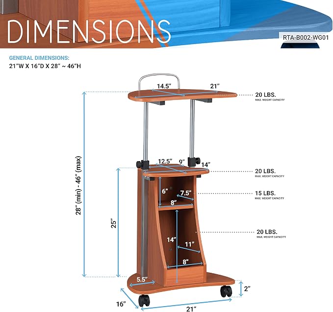 Techni Mobili Adjustable Height Rolling Laptop Cart with Storage, Woodgrain | Adjustable height rolling laptop cart with storage drawer, open shelf, wheels, sit‑stand design for office or medical use