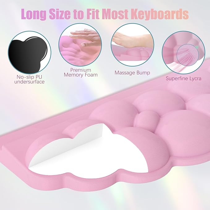 Wrist Rest with Keyboard Stand, Ergonomic Computer Wrist Support Pad | Cloud Keyboard Riser Holder with Wrist Pad, Memory Foam Desk Cushion, Palm Hand Typing for Office Home School-Pink