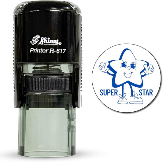 Shiny Superstar Teacher Stamp, Round Self Inking Stamp for Classroom, Blue Ink