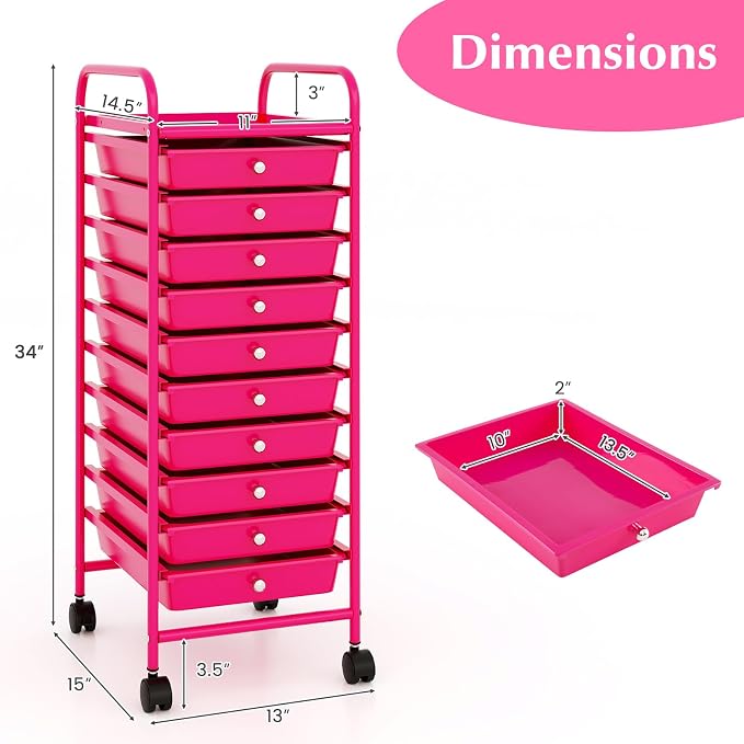 COSTWAY 10-Drawer Rolling Storage Cart, Utility Mobile Trolley | Removable Drawers & Universal Casters & 2 Brakes, Versatile Flexible Drawer Organizer Cart for Home, Office (Hot Pink)