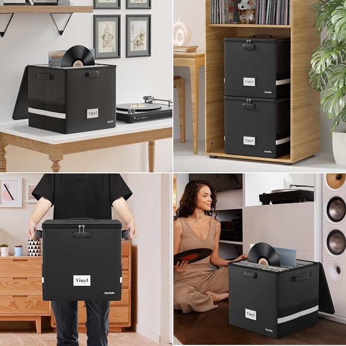 DocSafe Vinyl Record Storage Box with Lock,Fireproof Record Organizer Storage for 100+ Single Records(12-inch), Collapsible Storage Crate with Lid & Handles for Valuable Album Collection,Black,2 Pack