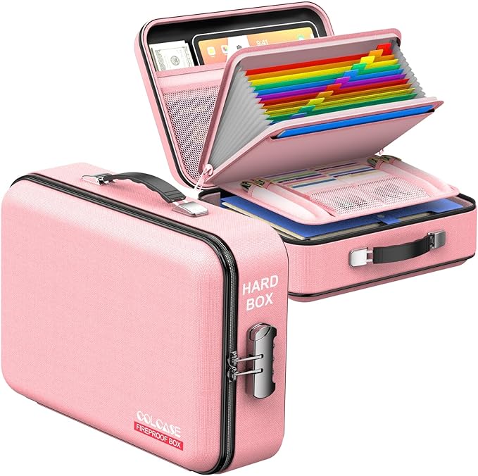 Fireproof Document Organizer with Lock, Hard Fireproof Document Box | Hard-Shell Fireproof Waterproof Document Box with Combination Lock Pink