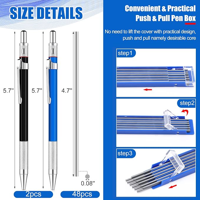Gersoniel 2 Pcs Welders Pencil with 48 PCS Round Refills Mechanical Pencils Metal Welding Marker for Tube Pipe Fitter Welder Steel Construction Woodworking (Silver)