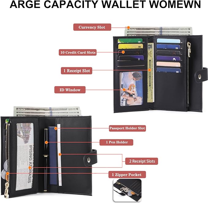 Wallet Women RFID Blocking Multi Cards Wallet Credit Card Holder for Women Large Capacity Lady Leather Trifold Travel Wallet with Passport/Pen Holder