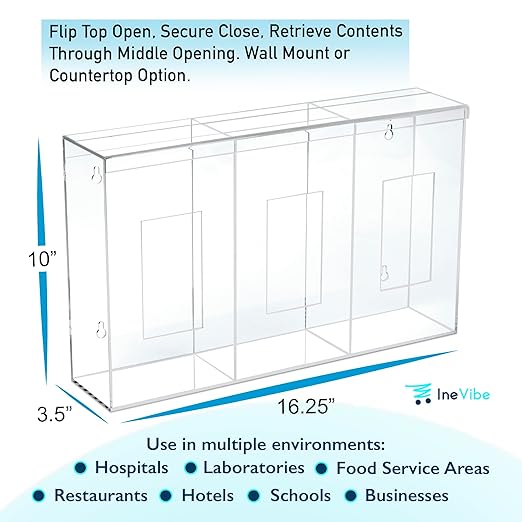 IneVibe 3 Compartment Hygiene Holder with Lid for Home or Office (Triple) | Triple Acrylic Dispenser For Hairnets, Glove Boxes, Face Masks, Plastic Bags, Tissue Boxes, Medical- Countertop or Wall Mount