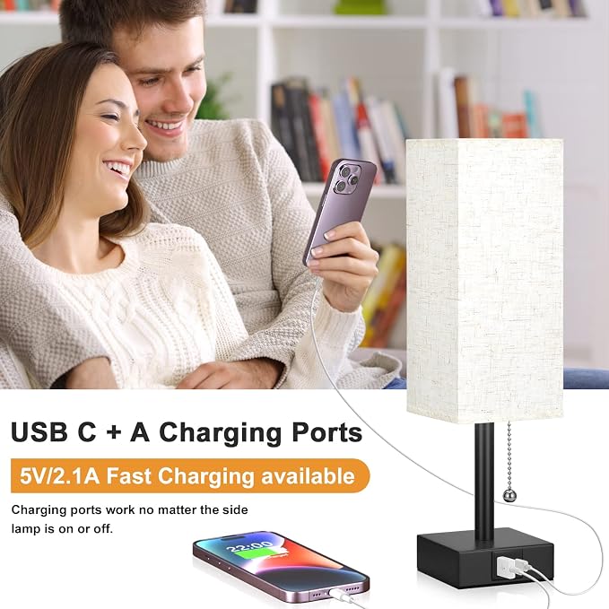 Small Bedside Table Lamp for Bedroom - Desk Lamp For Nightstand, USB C+A | Pull Chain Lamp, 3 Color Modes(3000K/4000K/5000K), E26 LED Bulb Included, Square Beige Fabric Lampshade, for Read, Work, Dorm