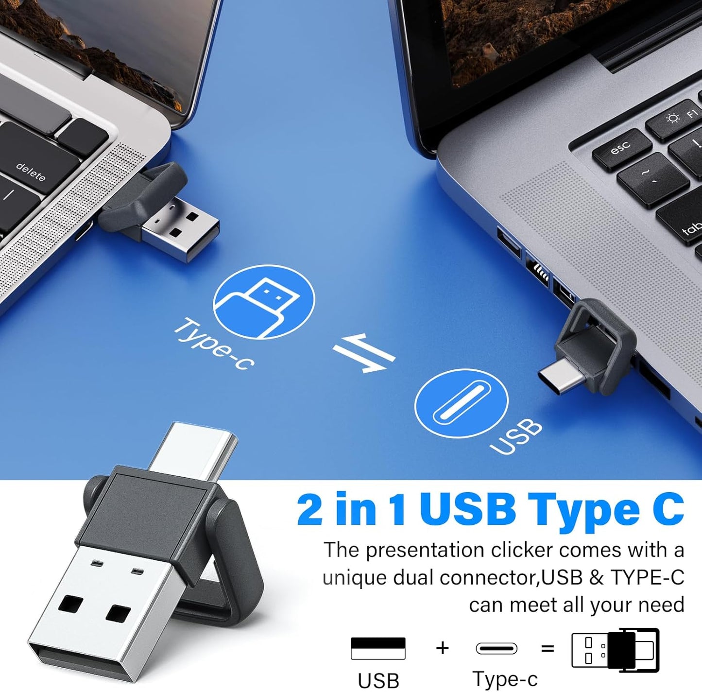 2-in-1 USB Type C Presentation Clicker, Rechargeable Wireless Presenter Remote, Clicker for PowerPoint Presentations, Pointer for Presentations Slide Advancer with Volume Control for Mac,Computer, PPT