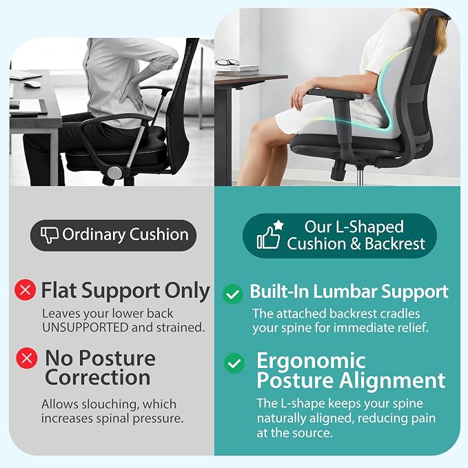 Seat Cushion for Office Chair and Car, Lumbar Support Pillow for Office Chair, Memory Foam Ergonomic Seat Cushion for Long Sitting, Back & Tailbone Pain, Sciatica - Green & Gray