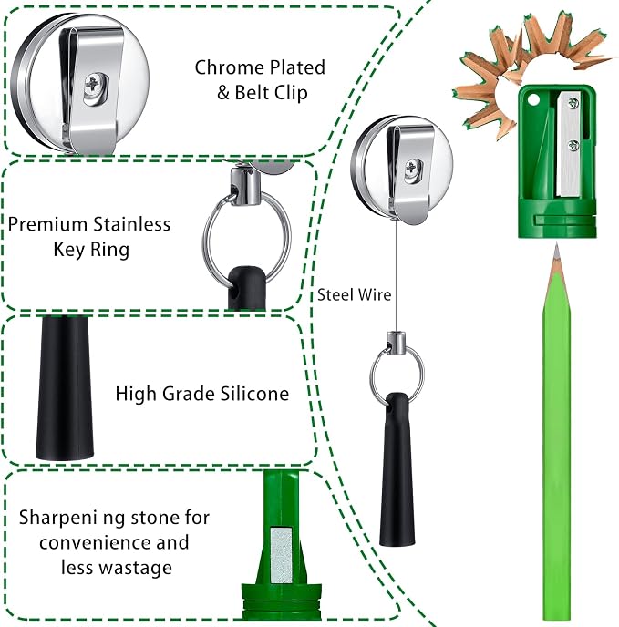 Honoson 24 Pcs Carpenter Pencil with Sharpener,Green Cover, Black Refill | Construction Pencils for Jobsite, Octagonal Flat Design Prevents Rolling, Black Refill Clear Marking, Retractable Pen Holder