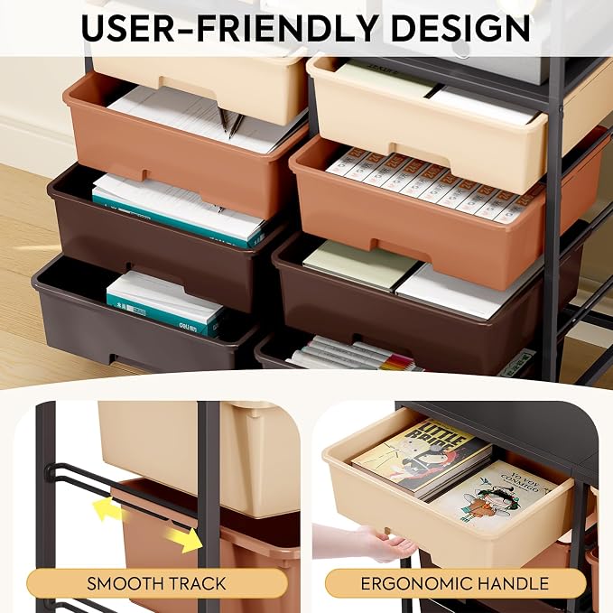 Rolling Storage Cart with 8 Large Drawers, Wooden Tabletop | Open Storage Shelves, Mobile Craft Organizer with Lockable Wheels for Home, Classroom, Office Supplies & Art Studio,Brown
