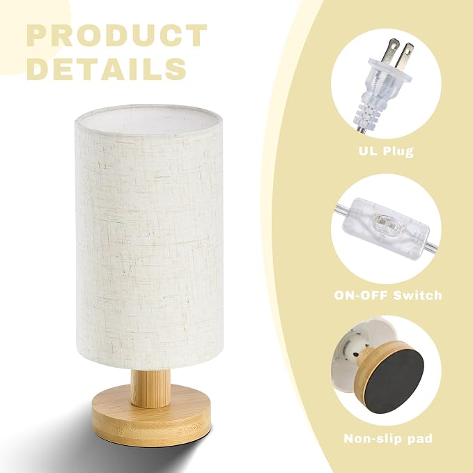 Bedside Lamps Set of 2, Bamboo Small Table Lamp for Nightstand | 10'' Minimalist Nightstand Lamps, Modern Desk Lamp for Bedroom, for Living Room, E26, Natural