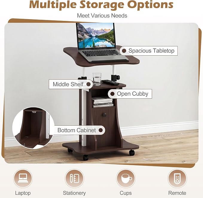 Tangkula Rolling Lectern Podium Stand, Height Adjustable Laptop Table with Tilting Tabletop & Storage Shelves, Compact Standing Desk with Lockable Casters for Home Office School (Brown)