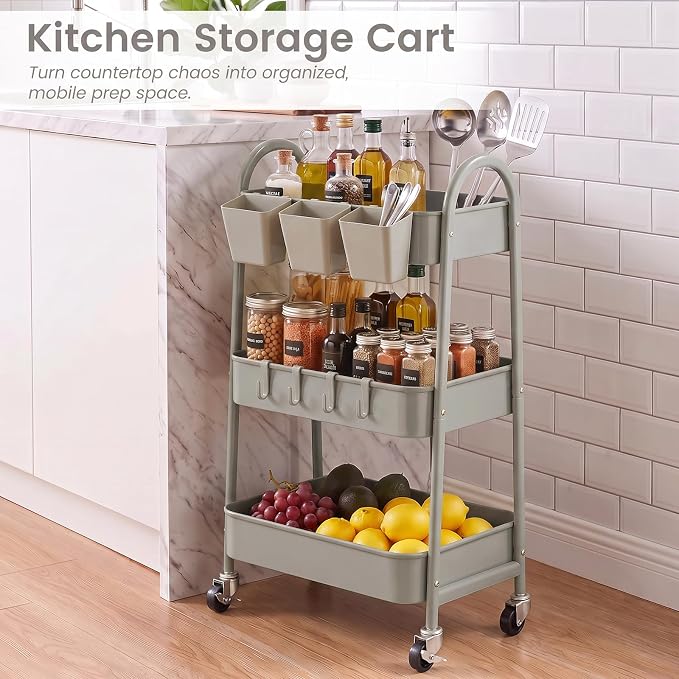 3-Tier Rolling Cart, Metal Rolling Storage Cart with Lockable Wheels & Hanging Cups & Hooks, Mobile Trolley Cart for Kitchen, Bathroom, Office, Workshop, Gray