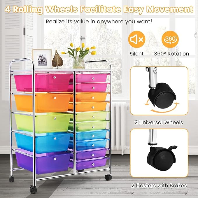 15 Drawer Rolling Storage Cart, Rolling Cart with Drawers for Classroom, Art Supply Craft Organizer on Wheel with Metal Frame & Handles for Home Office School