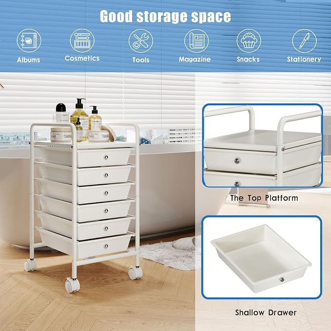 Rolling Storage Cart with Drawers 6-Tier Lock Wheels Office White | Utility Cart with 6 Drawers & 2 Lockable Caster, Multipurpose Mobile Drawer Cart for School Bathroom Kitchen
