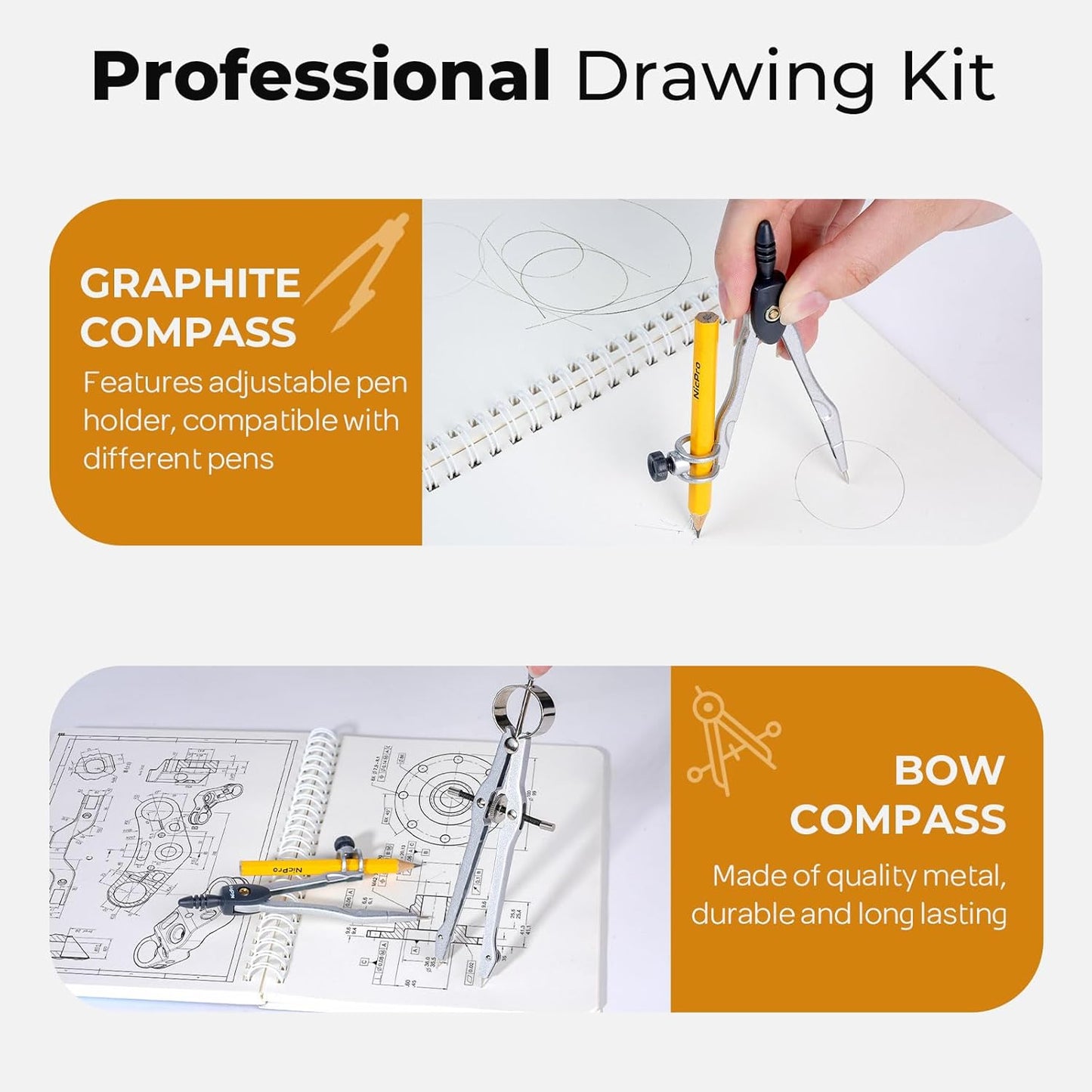 Nicpro 22 PCS Compass Geometry Tools with Case, Drafting Tools Geometry Set with Swing Arm Protractor, Rulers, Metal Compass, Divider, Square Set, Pencil, Back to School Supplies for Students Kids
