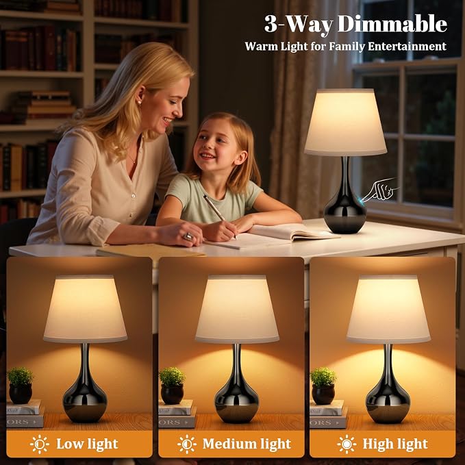 16.1" Touch Table Lamp for Nightstand, 3 Way Dimmable Small Bedroom Lamp | Touch Control, Bulb Included, Pearl-black Bedside Lamps for Desk, Night Stands, Living Room, End Table, Corded