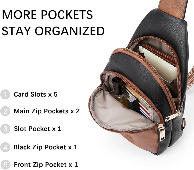 BOSTANTEN Sling Bag for Women Leather Crossbody Bags Fanny Pack Chest Bag for Travel | Adjustable Wide Strap, Small, Anti Theft, Lightweight, Multi Pockets and Carrying Way, Card Slot, Cute Trendy for Everyday