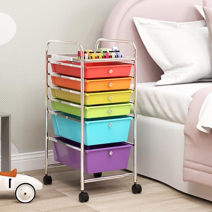 COSTWAY 6-Drawer Rolling Storage Cart, Art Craft Tools Organizer on Wheels | Multifunctional Heavy Duty Utility Mobile Storage Trolley w/ 2 Lockable Wheels for Home Office School (Multi-color)