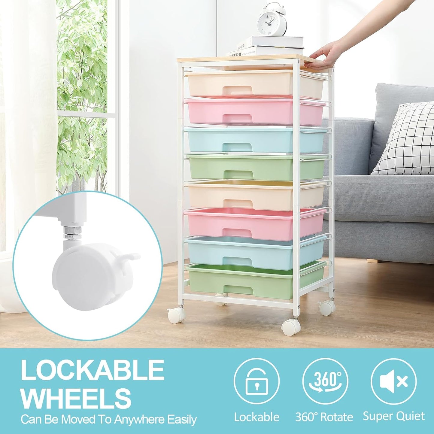 Rolling Storage Cart with Drawers,Utility Cart With 8 Drawers and Wooden Tabletop,Rolling Drawer Cart,Storage Drawer Cart for Living Room,Classroom,Bedroom,Bathroom,Dorm,Office,Rainbow