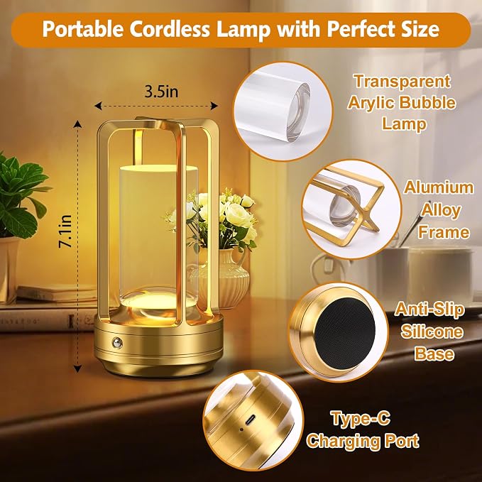 Rechargeable Table Lamp for Outdoor Indoor Portable Lamp with 3 Colors | Cordless Table Lamps - Dimmable LED Metal Battery Operated Lantern - Small Table Lamp for Bedroom/Bar/Coffee Shop/Camping