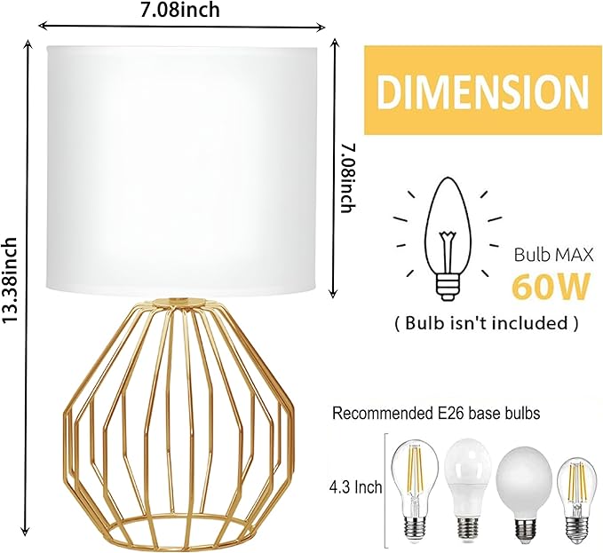 Brass Gold Table Lamp, Small Bedside Nightstand Lamp with White Fabric Shade, Metal Base Modern Geometric Desk Lamp for Bedrooms Living Room Office Kids Room