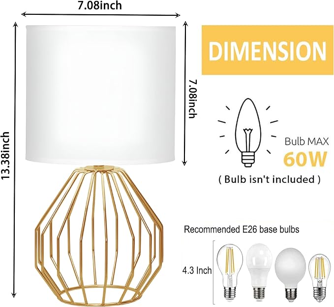 Small Gold Table Lamps, Set of 2 Bedside Nightstand Lamps with White Fabric Shade, Metal Base, Hollow Geometric Desk Lamps for Bedroom, Living Room, Office