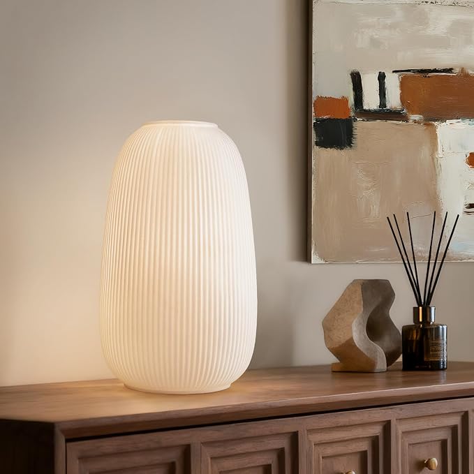 Modern Ceramic Decorative Table Lamp Living Room Bedroom Bedside | Handcrafted Unique Warm Ambient Lighting Lamp, Accent White Translucent Ceramic shade, Fully Dimmable, Corded, Bulb Included